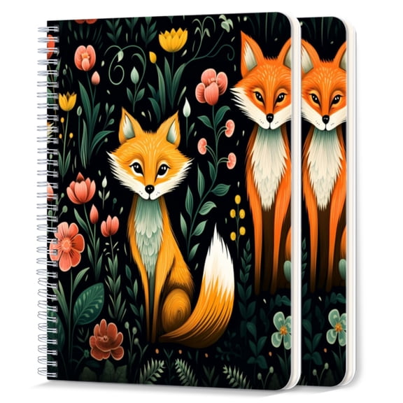 Spiral Notebook,College Ruled Journal,8.26" x 5.71" 50 Sheets/100 Pages,2 Pack - Three Foxes Sitting on Flowers