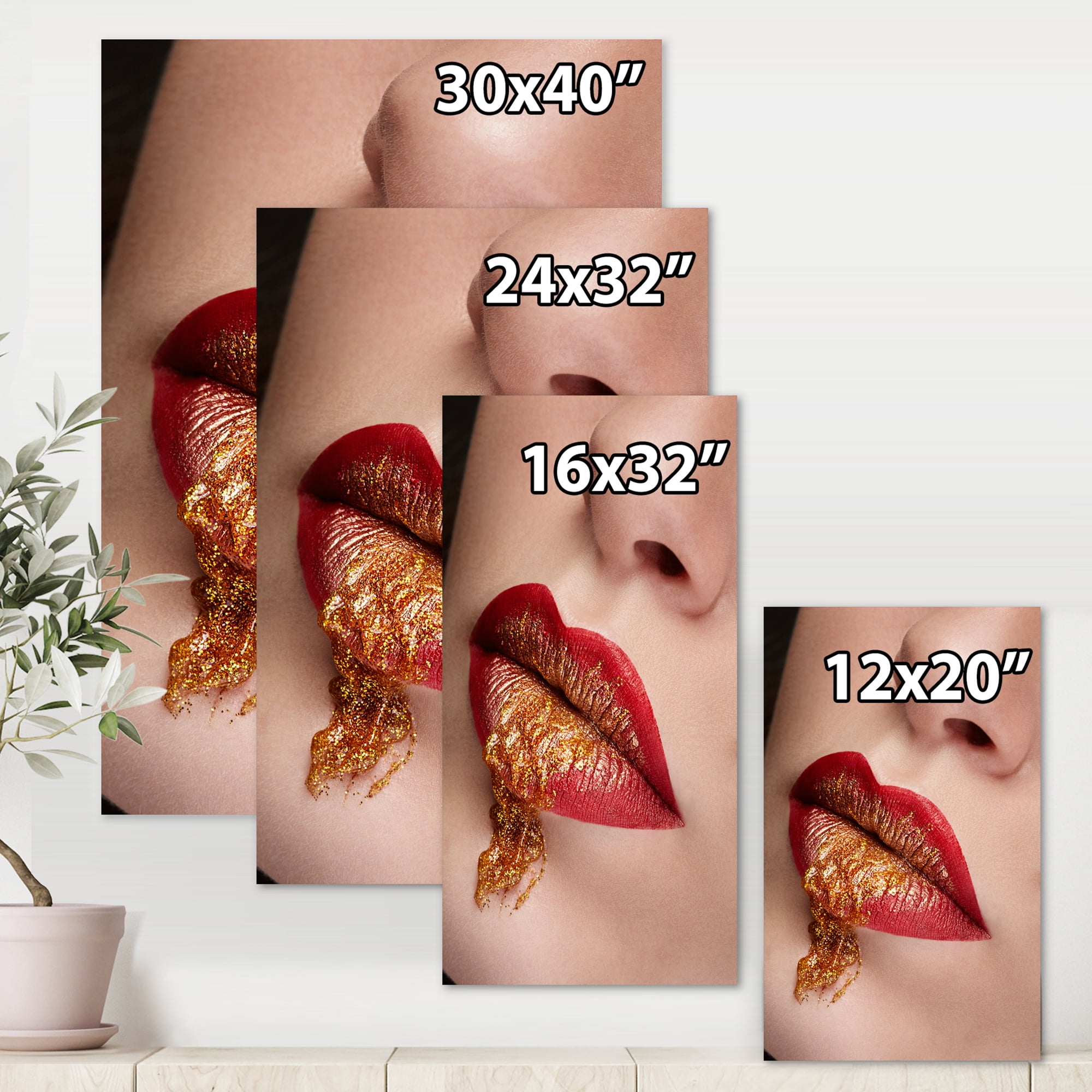 Designart ' Close Up Lips With Gold and Red Make Up ' Modern Canvas Wall Art Print