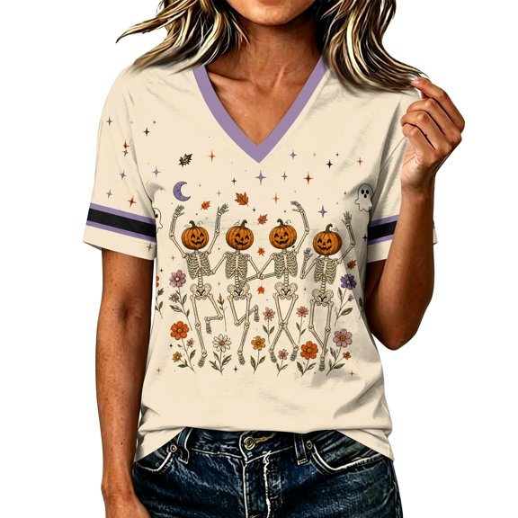 Stralyhd Halloween Shirts for Women Halloween Print Tee Night Club V‑neck Top Boho Short Sleeve Shirt L