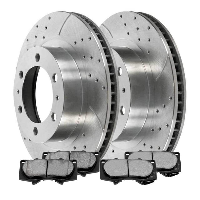 AutoShack Front Drilled and Slotted Brake Kit Rotors Silver and Performance Ceramic Pads Pair of 2 Driver and Passenger Side Replacement for Toyota FJ Cruiser 4Runner 2005-2021 Tacoma 4WD BRKPKG002288