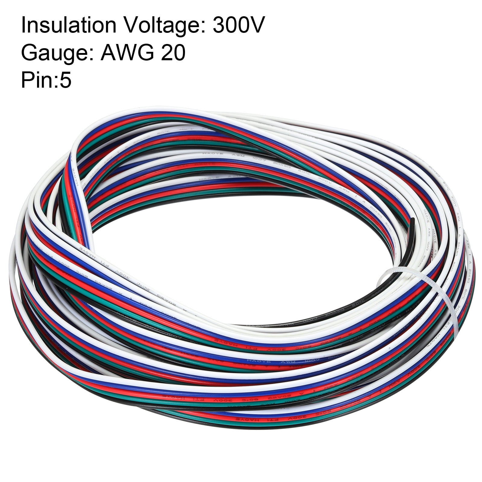 Uxcell 20 Gauge 5 Conductor Electrical Wire Tinned Copper Cable 25FT Stranded Wire for LED Strips Lamps Residential Wiring