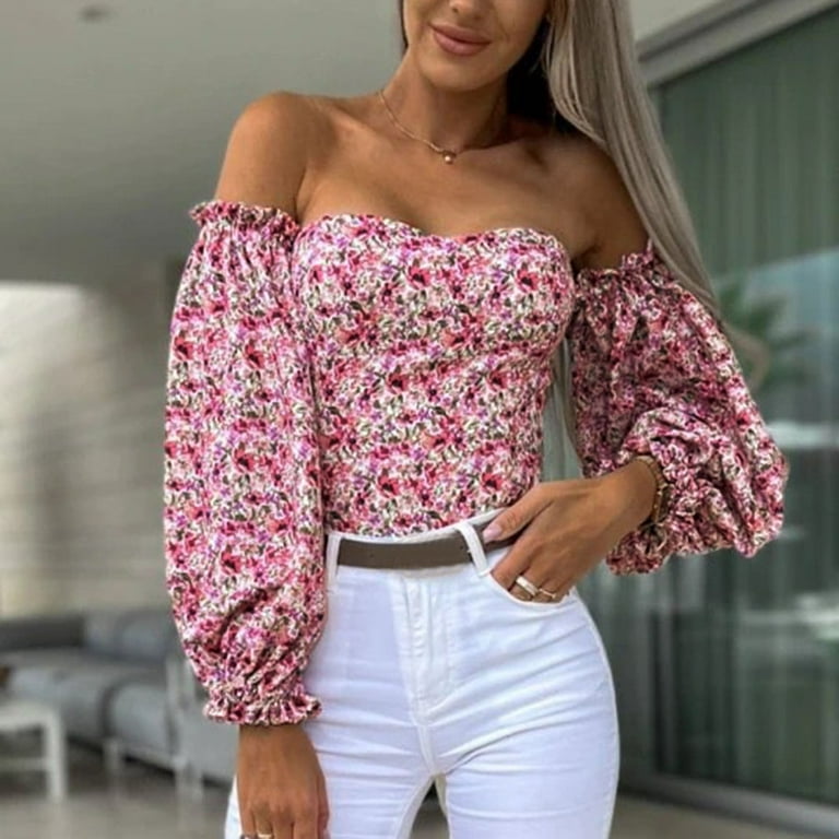 Cathalem Cotton Blend Womens Shirts Womens Off The Shoulder Tops Flare Long  Sleeve Floral Print Blouse Cotton Blend Womens Shirts Shirt Pink Large