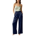 thumbnail image 6 of Karymi Jean Shorts Satin High Waist Wide Leg Pants, Elastic Waist Lounge Trousers with Side Pockets, Solid Casual Sleepwear & Loungewear Pants Capri Pants for Women, 6 of 9