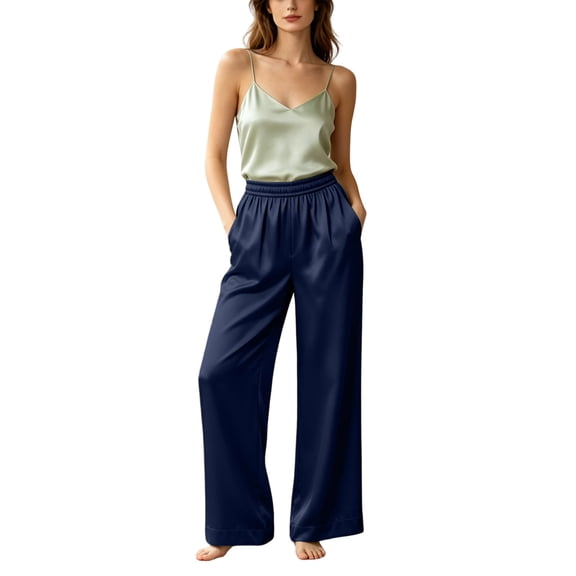 Nugftut Womens Pajama Pants High Waist Satin Wide Leg Pants with Pockets Soft Comfortable Loungewear Pajamas