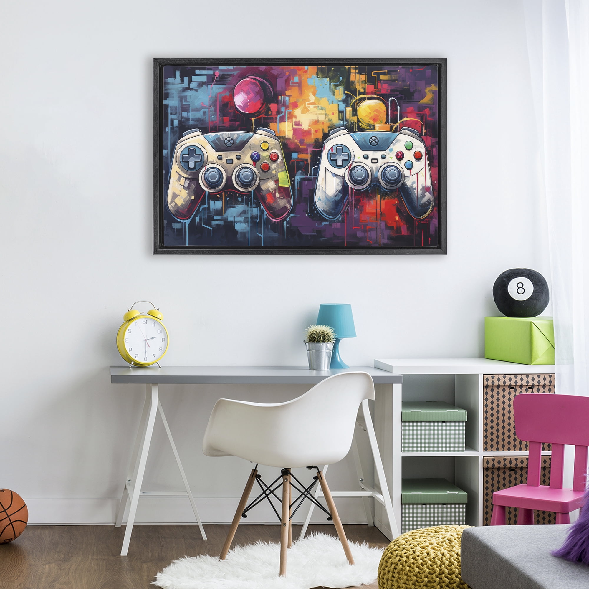 Stupell Industries Double Controller Modern Gamer Black Framed Floater Canvas Wall Art, design by Lazar Studio