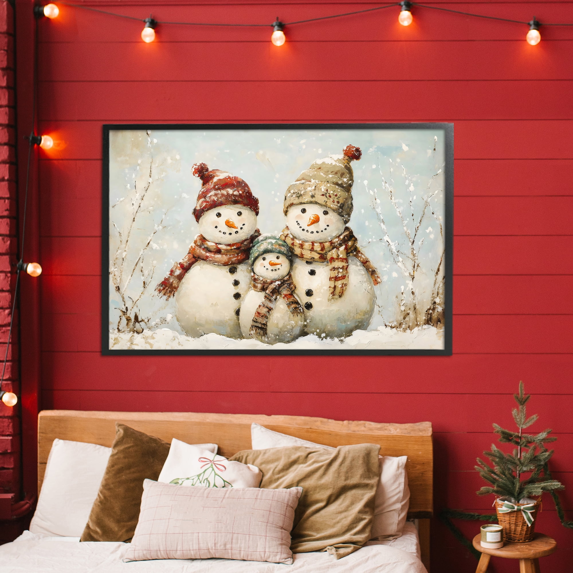 Snowman Family Of Three Black Framed Giclee Art, design by Petal Prints Design