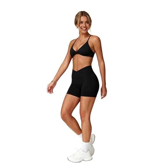 Women's High Waisted V-Cross Scrunch Butt Biker Shorts - Booty Support High Rise Yoga Workout Gym Athletic Spandex Leggings Black L