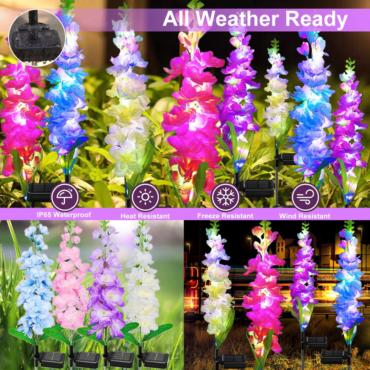 Syenll Delphinium Solar Flower Lights, 4 Pack Solar Garden Lights with 36 LEDs, Waterproof Solar Outdoor Lights for Yard Patio Lawn Decor