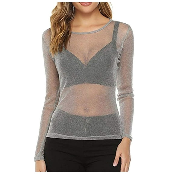 COMVALUE Women's Sheer Mesh Tops Glitter See Through Long Sleeve Bodysuit top (Grey, L)