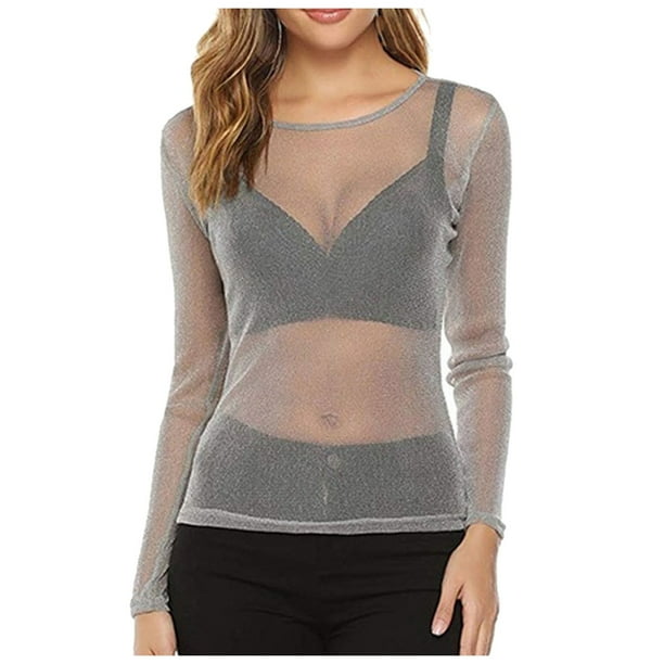 Camisa de manga larga transparente con malla brillante para mujer - Blusa negra transparente, abotonada, ideal para fiestas y salidas nocturnas