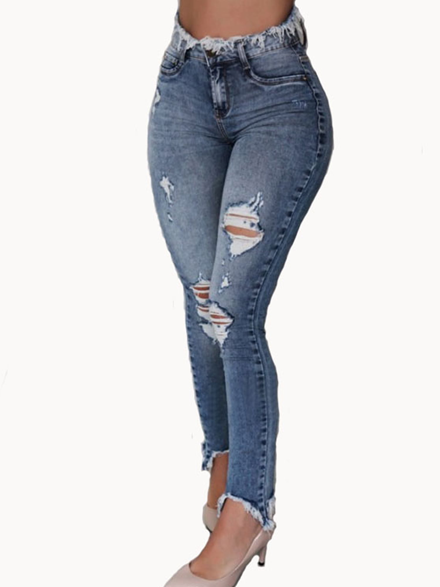 Women Pants Floral Embroidered Denim Ripped Pants Stretch Jeans Pencil Trousers 