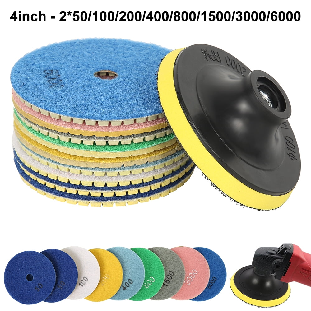 Diamond Wet/ Dry Polishing Pads with 2pcs Hook and 10pcs 4 inch Pads for Granite Stone Concrete Marble Floor Grinder or Polisher Diamond Polishing Pads 
