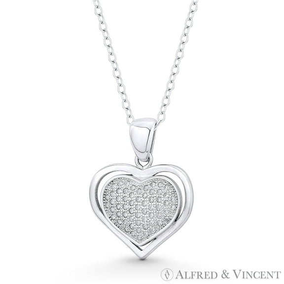 Double-Heart CZ Crystal Pave Pendant & Chain Necklace in .925 Sterling Silver w/ Rhodium
