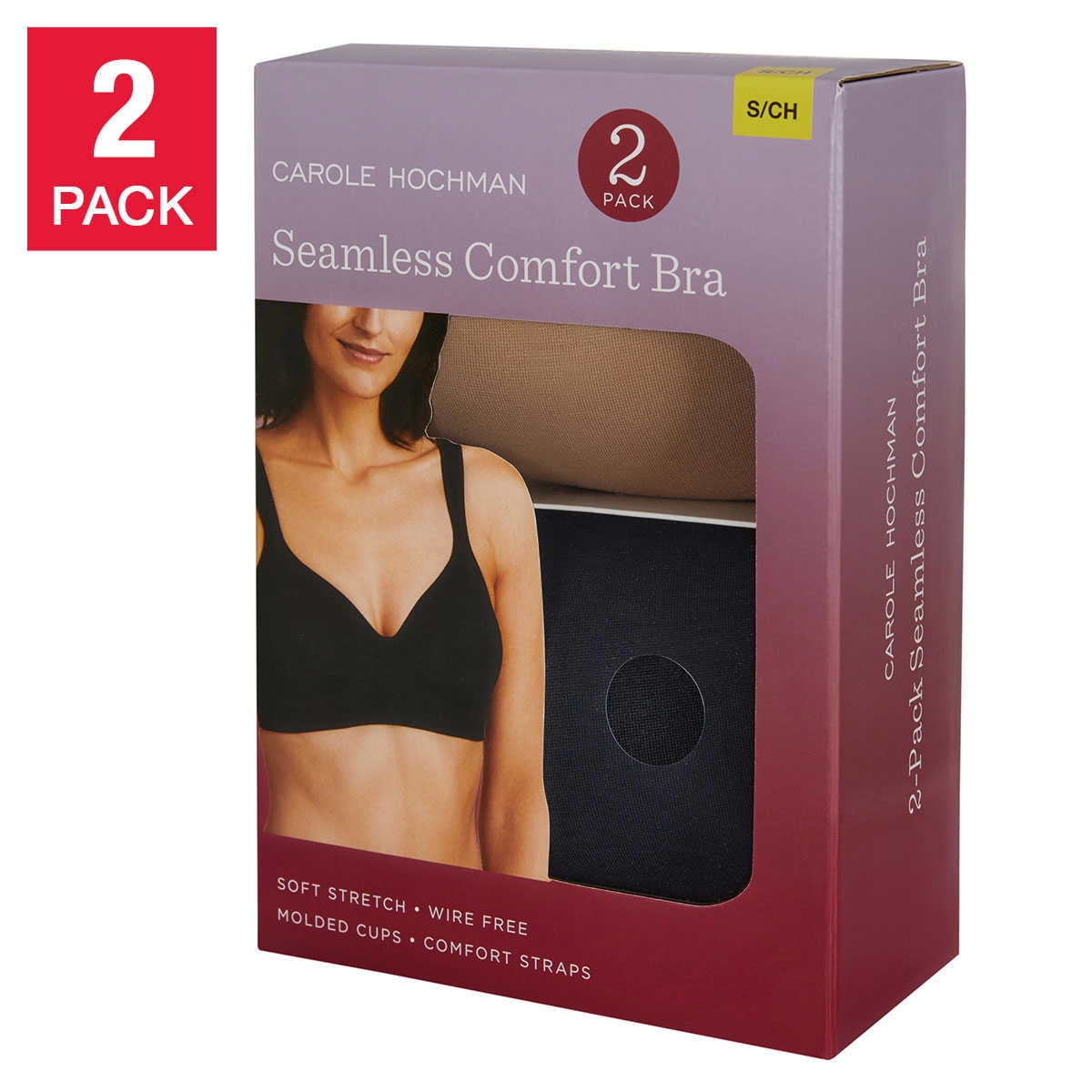 Carole Hochman Women's Wirefree Sealmless Comfort Bra, 2-Pack, Black/Taupe, Medium