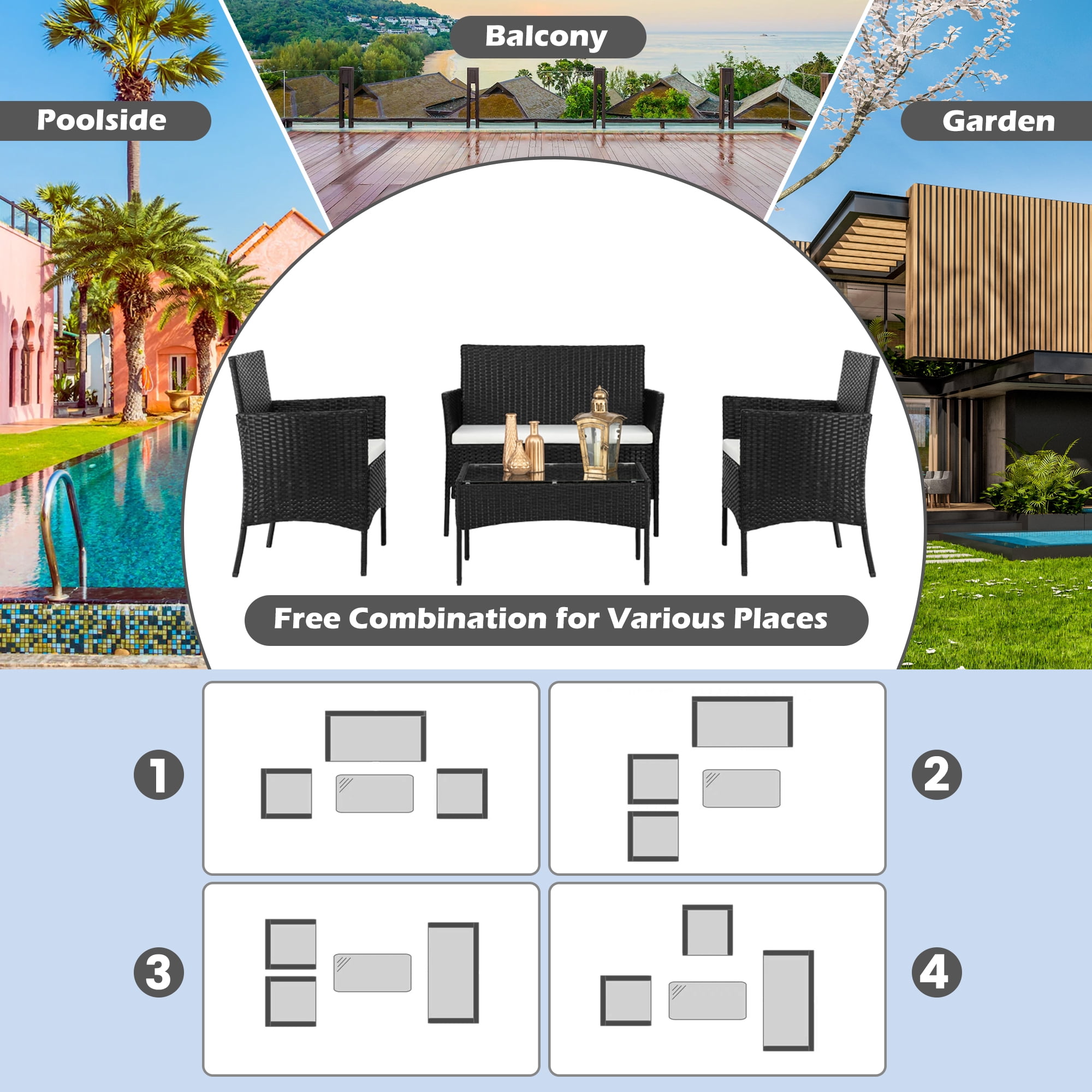 Segmart Patio Furniture Set, Rattan Wicker Chairs Set w/Table for 4, All-weather Conversation Set with Bold Steel Frame Black, Outdoor Furniture for Garden Lawn Backyard