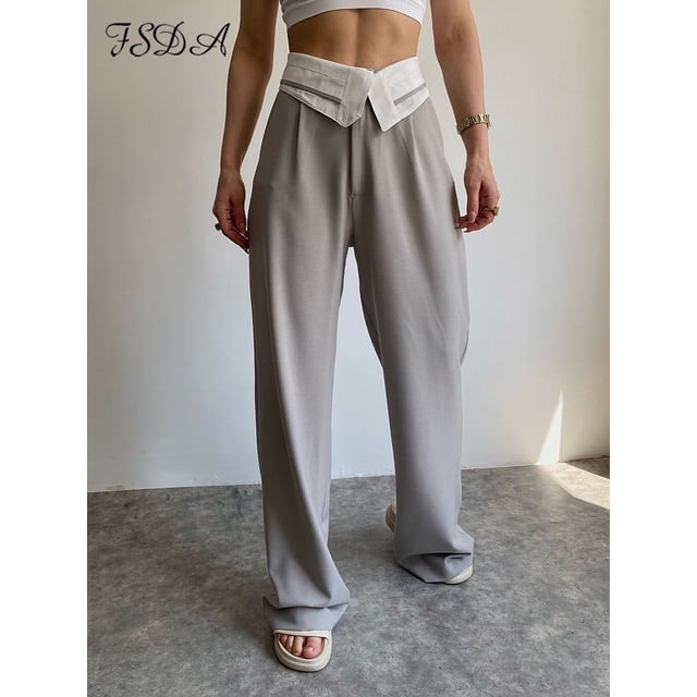 Pantalons Droits Décontractés Taille Haute pour Femmes Mode Col Rabattu Patchwork Fermeture Éclair Bouton Pantalons Longs Amples