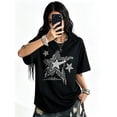 thumbnail image 2 of Women's Oversized Black T-Shirt with Distressed Star Graphic, Loose Fit Grunge Streetwear Tee Top, 2 of 8