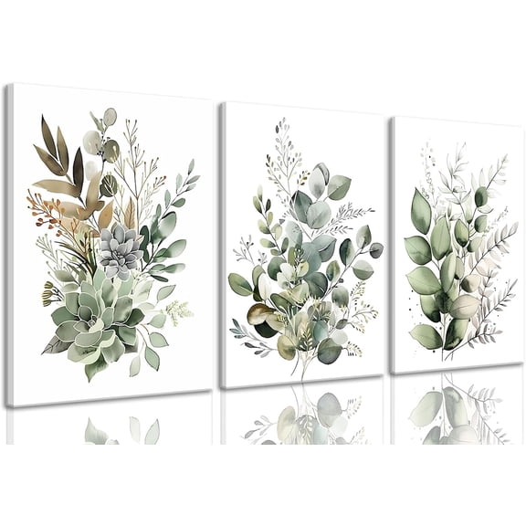 Botanical Wall Art Plant Floral Watercolor Canvas Prints Set of 3 Framed Sage Green Painting Eucalyptus Leaf Picture Modern Minimalist Boho Decor Bedroom Bathroom Living Room 12"x16"