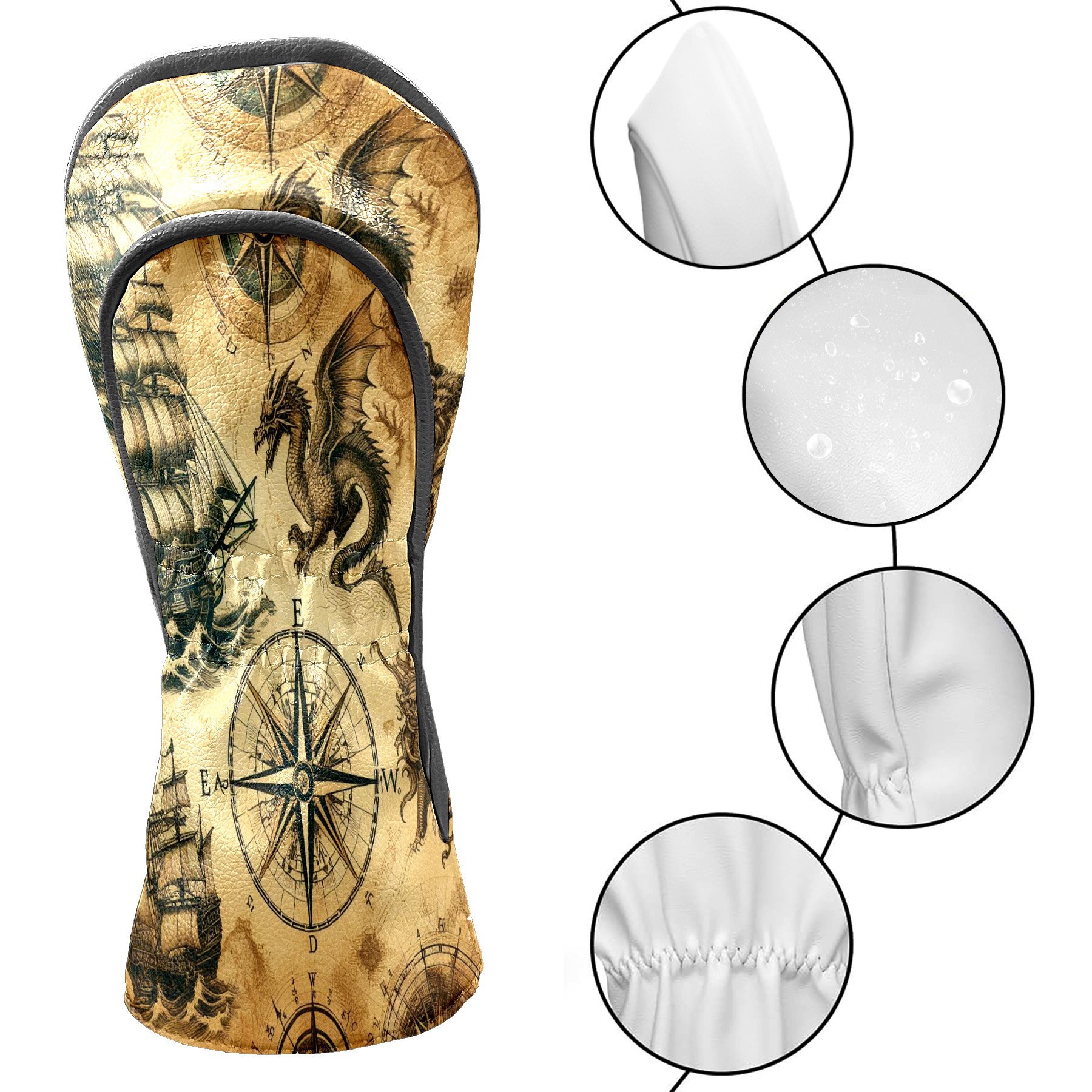 Golf Club Covers, Vintage Brown Sailing Dragon Premium PU Leather Driver Hybrid Putter Head Covers with Velvet Lining, Waterproof Golf Gifts for Men Women