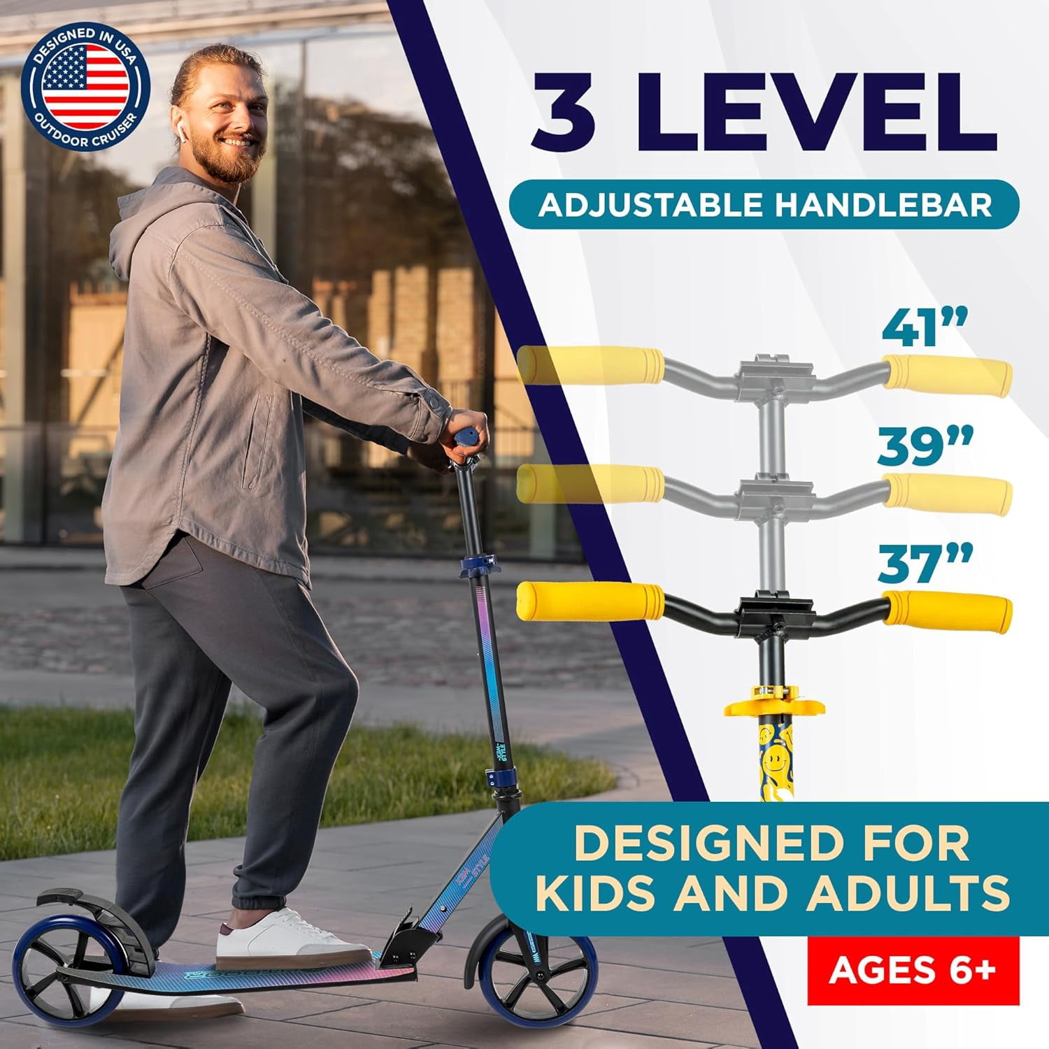 OutdoorCruiser Kick Scooter for Ages 6+, Kids, Teens & Adults, Foldable, Dual Suspension, 3-Level Adjustable Handlebar, Child Safety Approved, Yellow