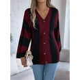 thumbnail image 3 of Women'S Autumn and Winter Contrast Striped Trumpet Sleeve Cardigan Sweater Mid-Length Coat Wine Red XL, 3 of 8