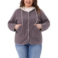thumbnail image 1 of Chaqueta de forro polar con capucha para mujer GRACE & GRANDEUR, talla grande, de manga larga, con botones, abrigo casual de peluche con bolsillos, 2X, morado, 1 of 5