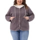 thumbnail image 1 of Chaqueta de forro polar con capucha para mujer GRACE & GRANDEUR, talla grande, de manga larga, con botones, abrigo casual de peluche con bolsillos, 2X, morado, 1 of 5