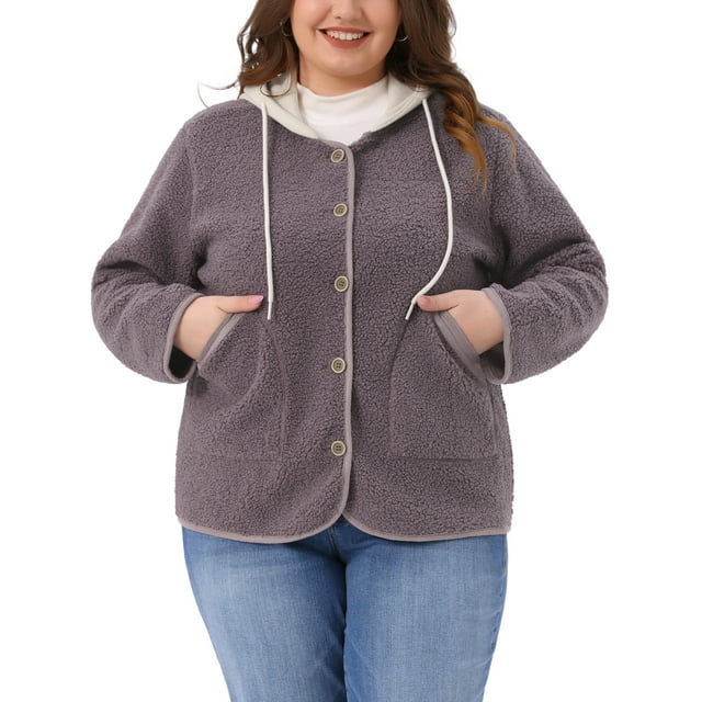 Chaqueta de forro polar con capucha para mujer GRACE & GRANDEUR, talla grande, de manga larga, con botones, abrigo casual de peluche con bolsillos, 2X, morado