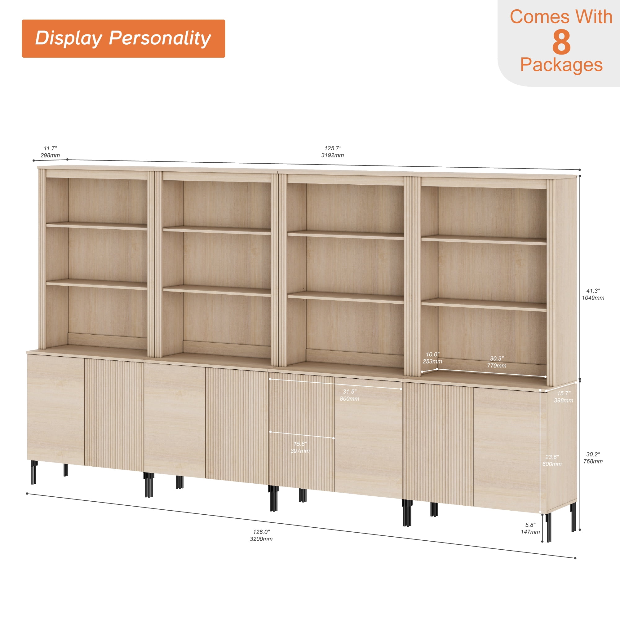 3-In-1 71" Tall Arched Kitchen Pantry Cabinet, Wood Bookcase Display Cabinet With Doors And Adjustable Shelves, Mid-Century Modern Versatile Cupboard For Dining Room, Bedroom