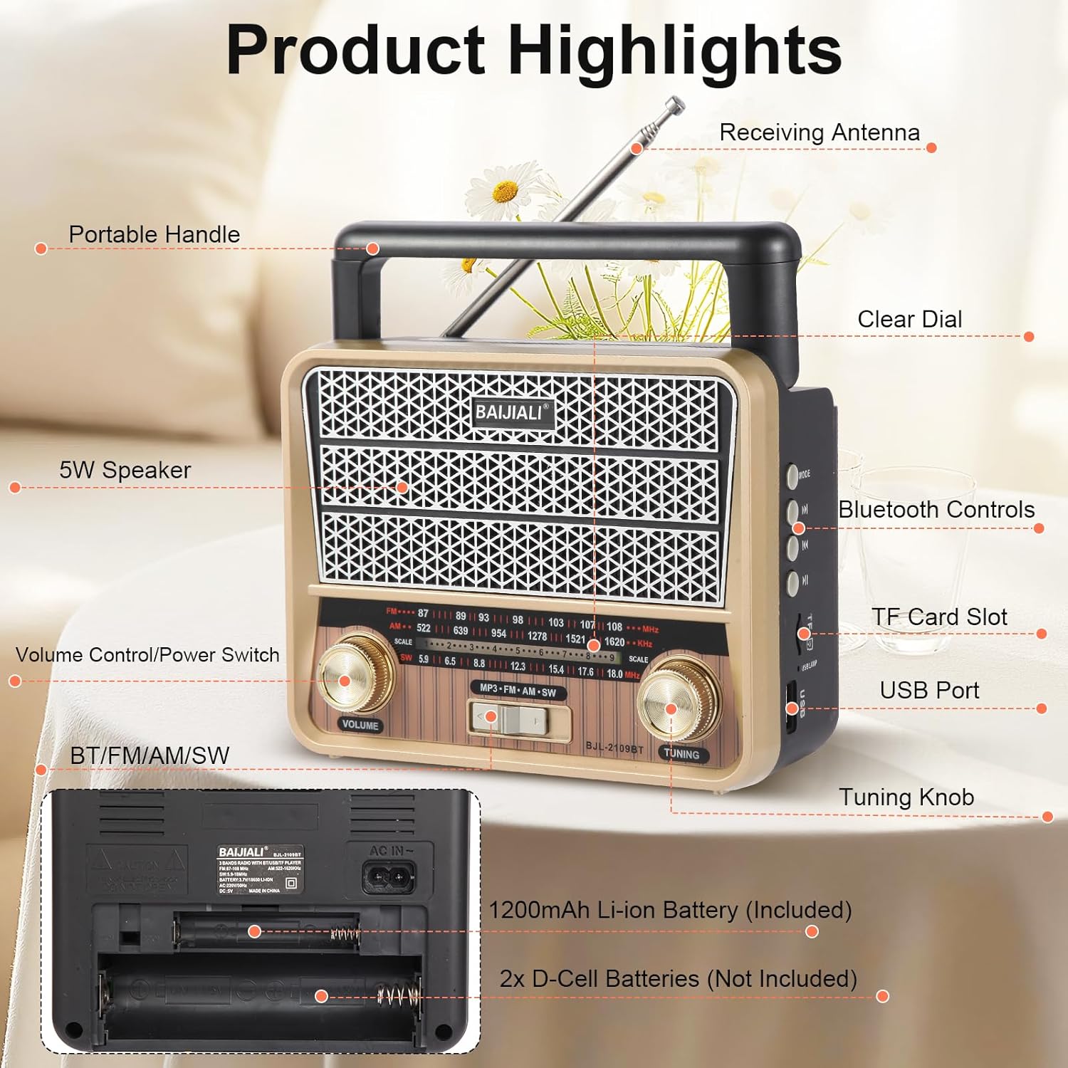 LC-dolida Portable Emergency Radio AM/FM/SW with Bluetooth LED Flashlight Dual Power Supply TF Card/USB Playback, Strong Reception Loud Sound for Home Seniors Outdoor Use