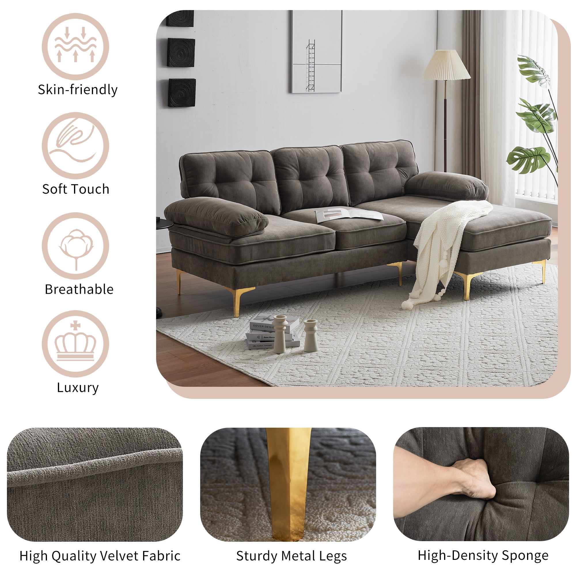 Aukfa 83" Velvet Sectional Sofa, Tufted Couch with Chaise for Living Room, Pillow Top Arm, Brown