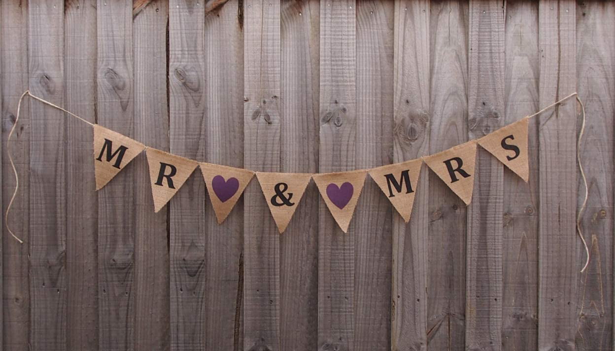 Mr Mrs Burlap Wedding Banner Chair Flag Bunting Rustic Sign Decorations 