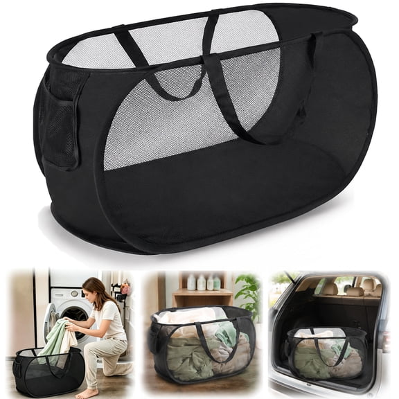 Deally Durable Collapsible Laundry Baskets, Mesh Pop Up Laundry Hamper with Side Pocket, Foldable Clothes Storage Hamper with Reinforced Carry Handles for Laundry Bathroom Dorm Travel