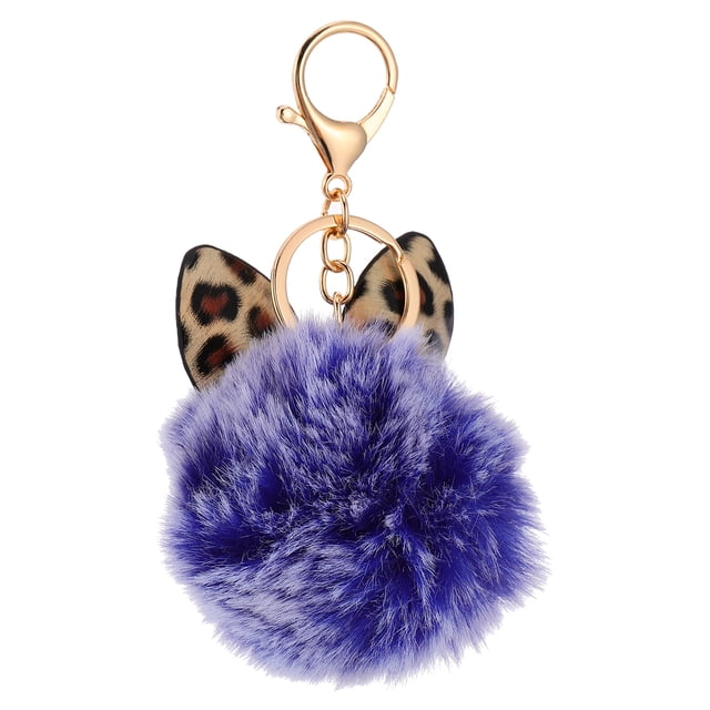 EeaseCA 1Pc Leopard Printed Ear Keychain Furry Ball Bag Pendant Gift Key Ring (Sapphire)