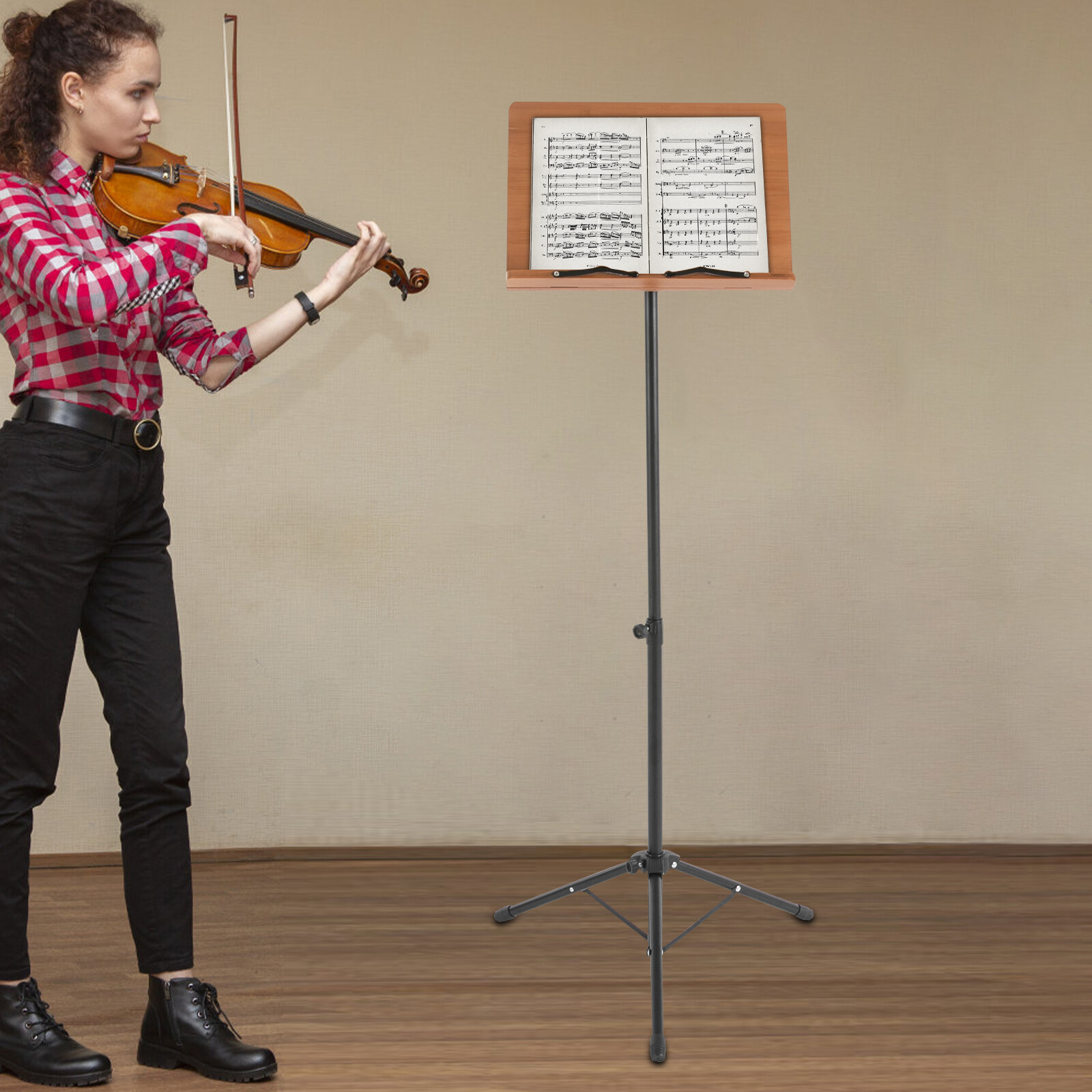 Sheet Music Stand & Professional Music Stand , 70cm-190cm Adjustable Music Shelf Foldable, with Wide Wooden Bookplate, for Instrumental Performance & Band & Travel