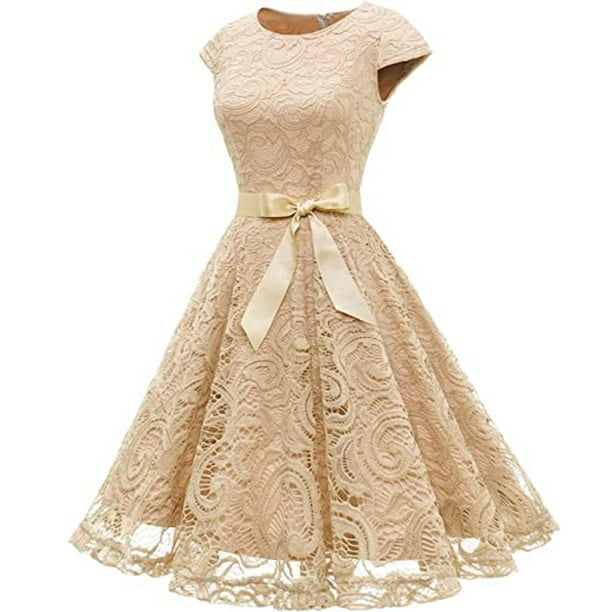 ICHUANYI Clearance Women Lace Short Sleeves Cocktail Prom Ballgown Vintage Dress(Beige, S) ICHUANYI WER2023081107691