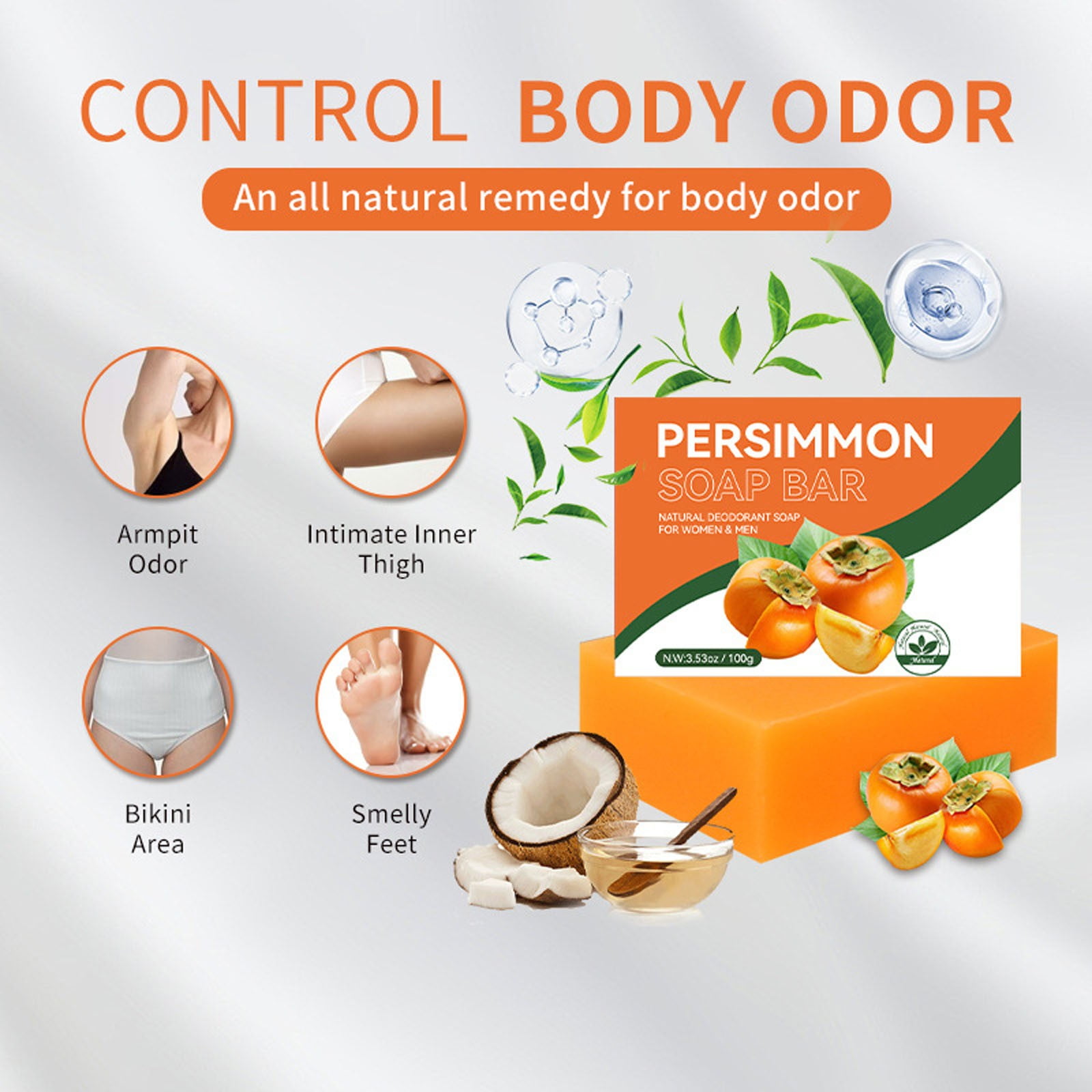 Persimmon Soap Bar for Body Odor Control, Remove Body Odor, Organic Eliminating Body Odor Wash Soap for Women & Men, Persimmon Body Wash Soap for Women & Men 100g
