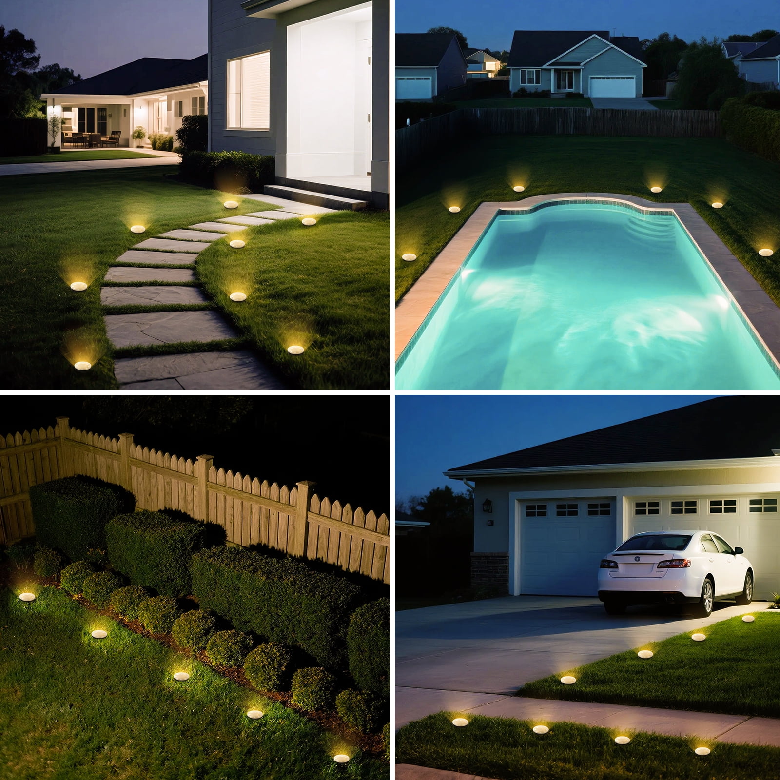 4 Pack Solar Mini Ground Lights Outdoor - 8 LED Disc Lights with Flat Design IP44, Solar-Powered Pathway Lights for Garden, Lawn, Patio, Yard, Path & Landscape ( Warm White)