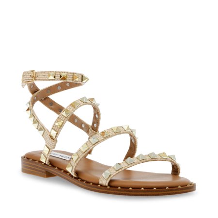 

Steve Madden Travel Raffia Embellished Detail Rounded Toe Ankle Strap Flat Sandals (Raffia 8)