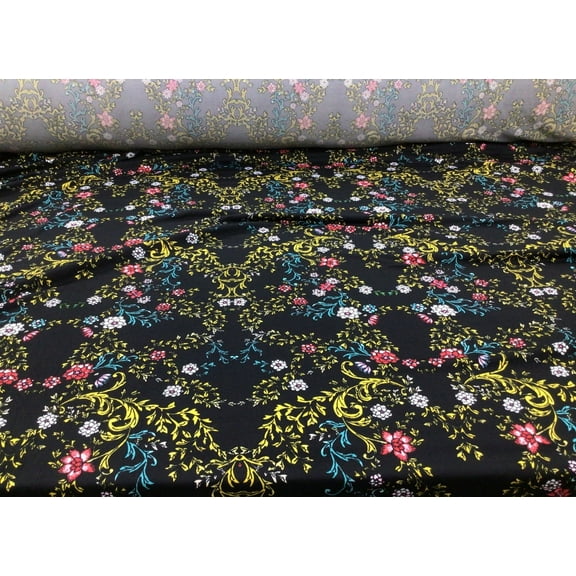 Printed DTY Spandex Stretch Apparel Fabric Black Yellow White Red Floral J221