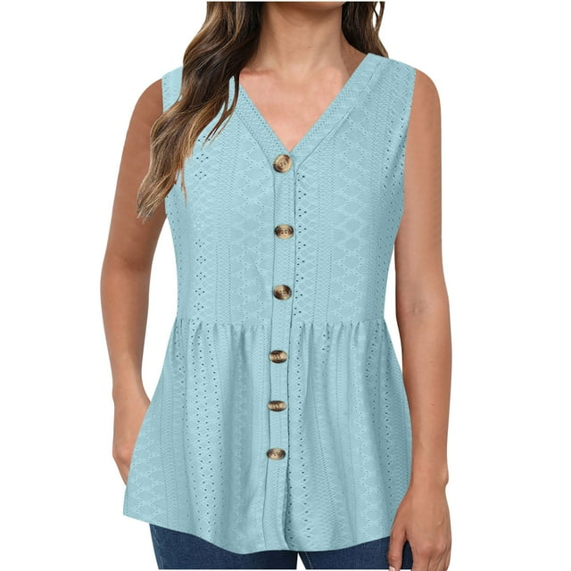 AherBiu Plus Size Tank Tops for Women Button down Tunics V Neck Sleeveless Causal Solid Color Elastic Waist Comfy Camis