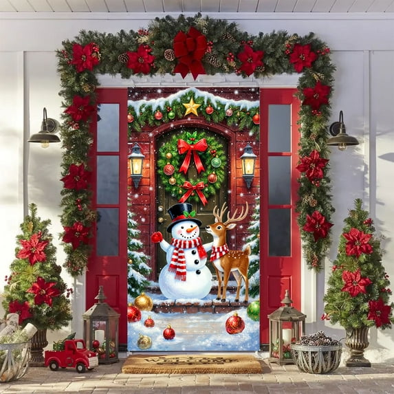 LanSuare Christmas Door Cover Decoration, Snowman Reindeer Xmas Background Banner Door Hanging Covers, for Winter Party Decorations Supplies, 35x71Inch