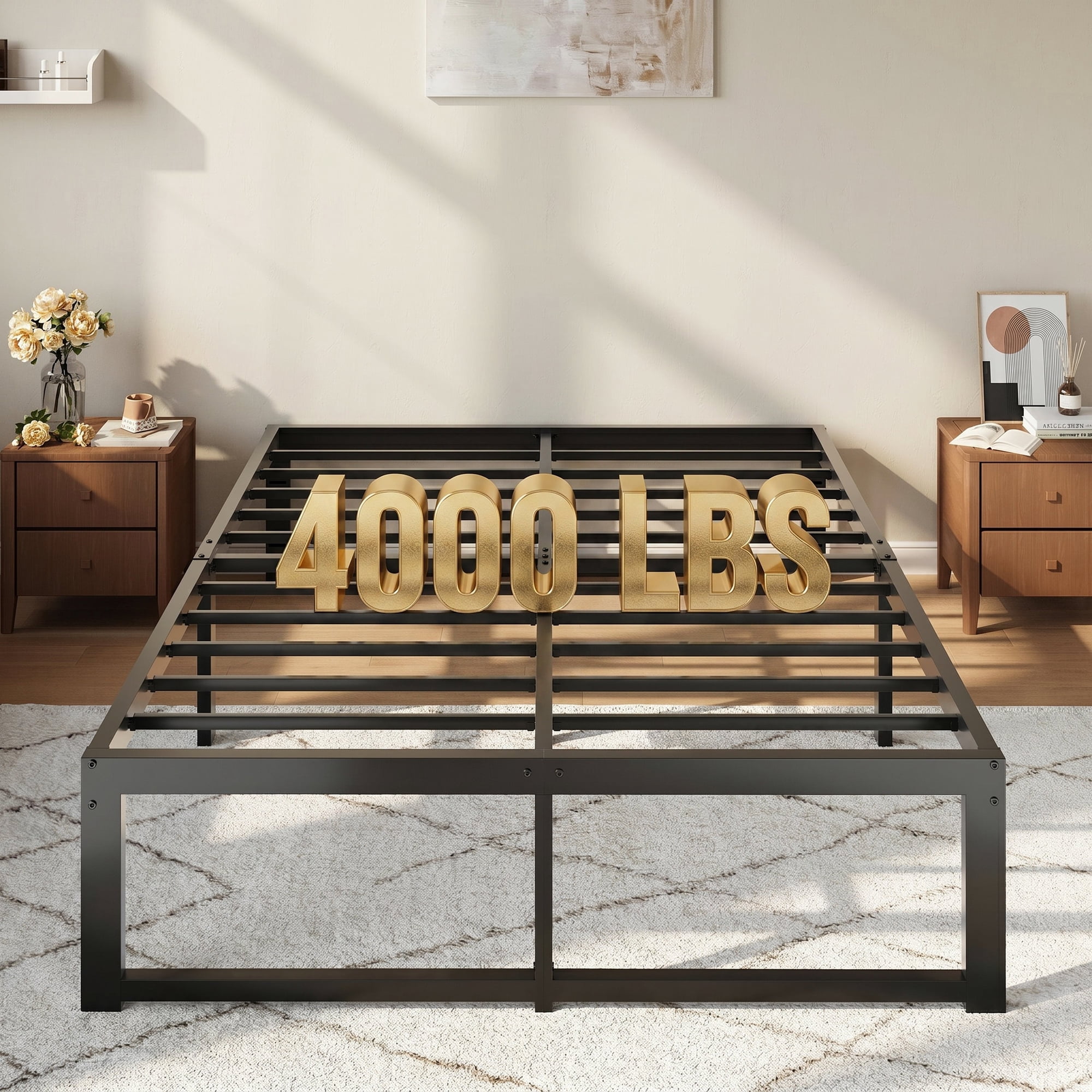 Einfach 14" Queen Bed Frame, Heavy Duty Metal Slat Platform with Ample Underbed Storage, Noise Free, Black