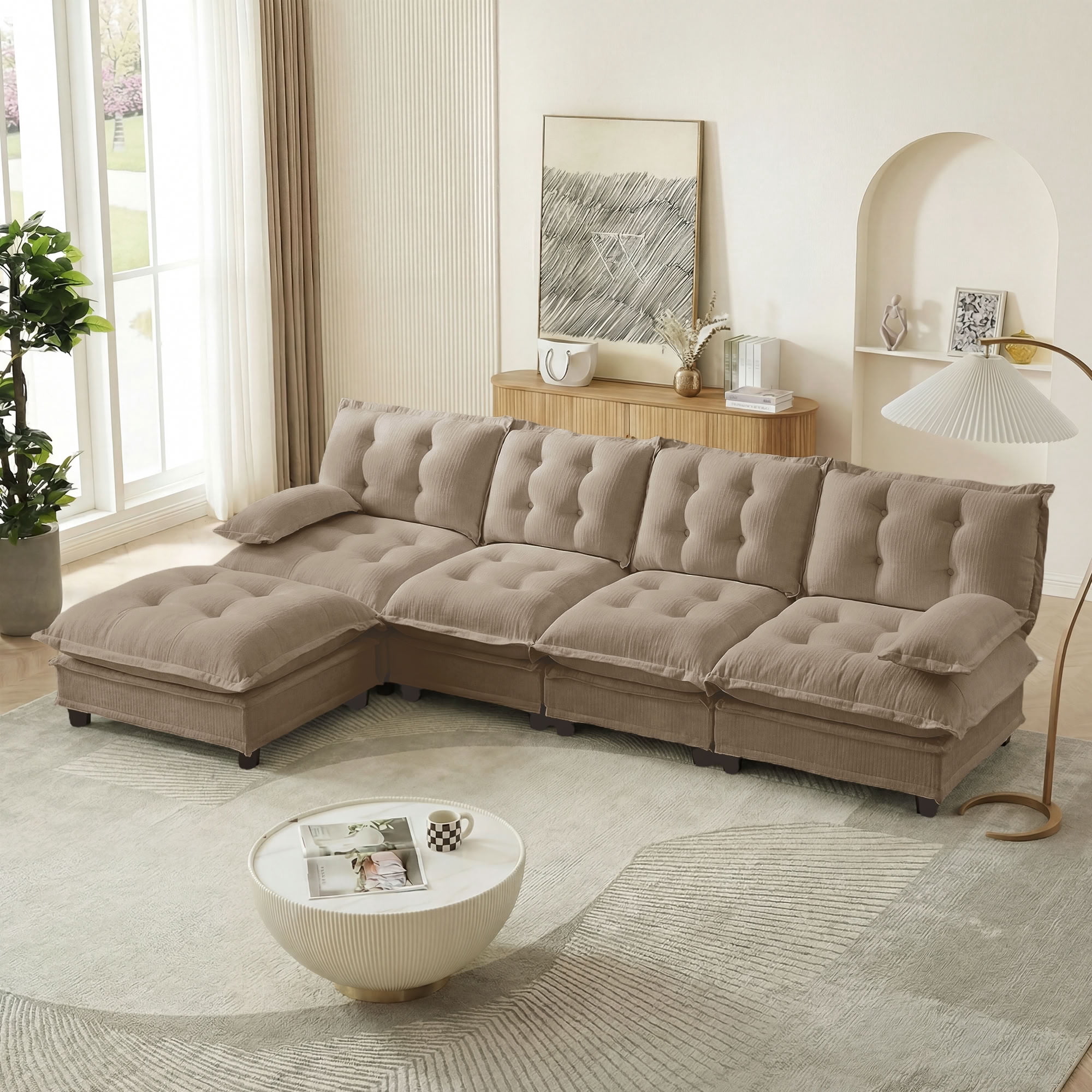 MAYEERTY 138 Inch L-Shaped Sectional Sofa with Ottoman, 4-Seater Deep Seat Modular Couch for Living Room Bedroom Apartment