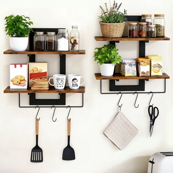 Wood Floating Shelves for Wall, 2 Pack 2-Tier Wall Mounted Shelves for Bathroom, Bedroom, Living Room, Kitchen, 15 in, Rustic Brown