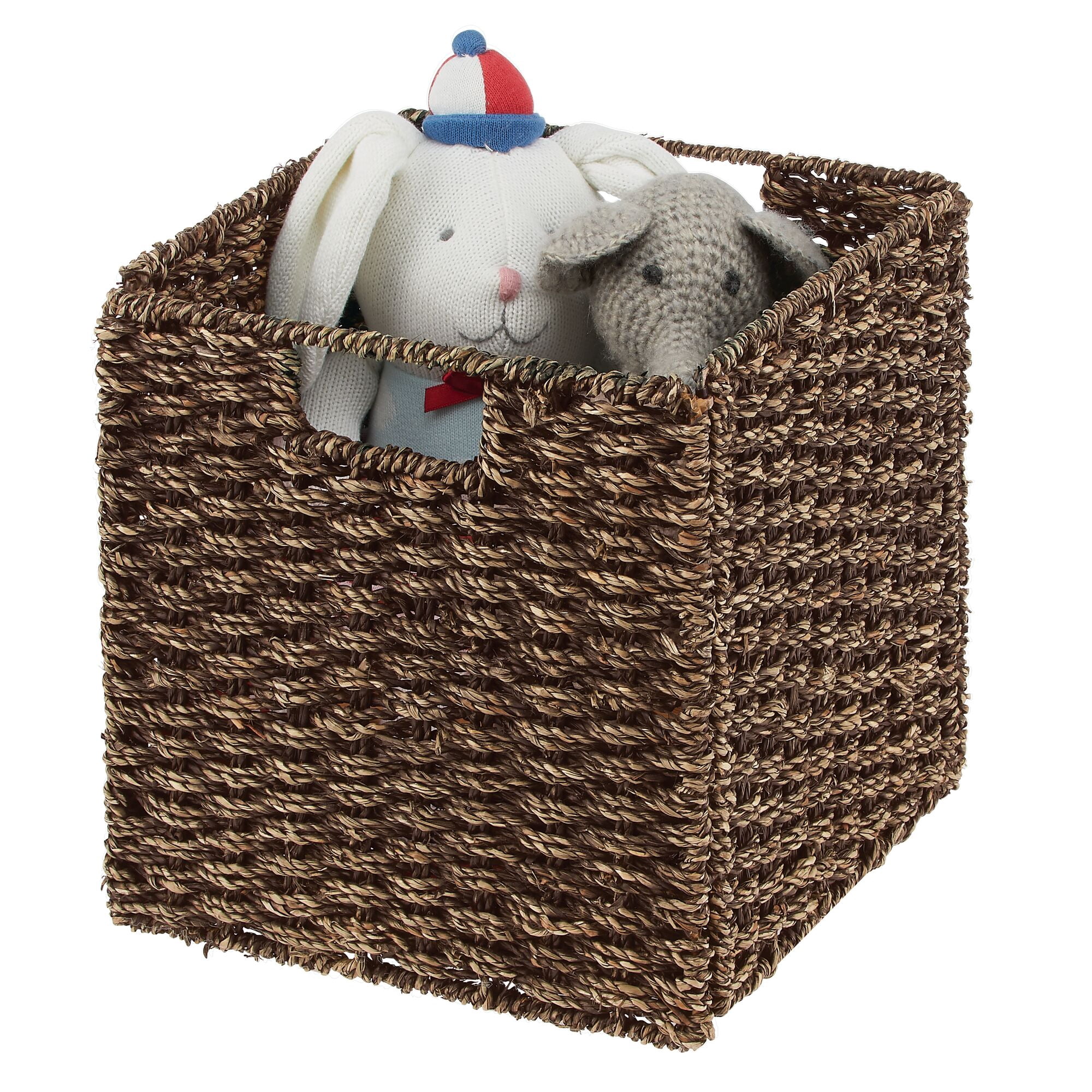 mDesign Seagrass Woven Cube Bin Basket Organizer, Handles, 6 Pack, Brown Wash