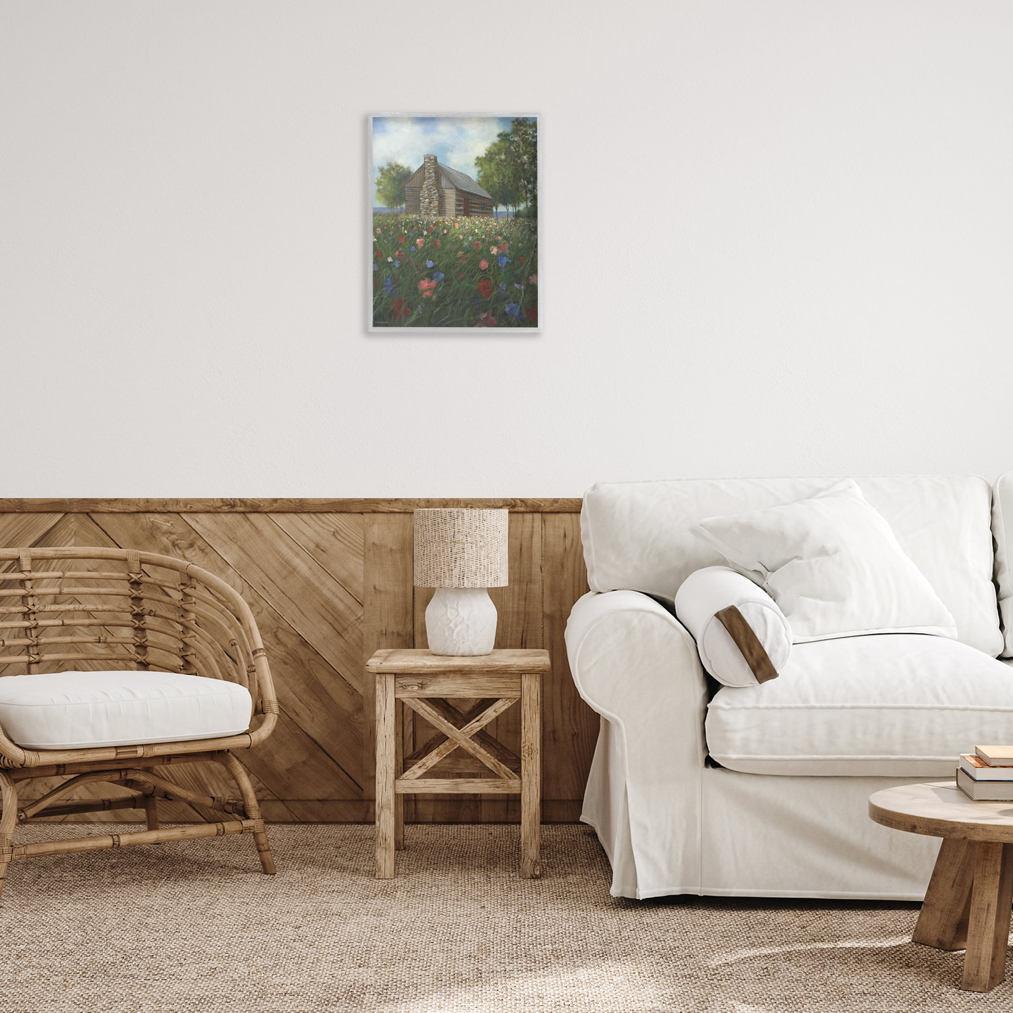 Stupell Industries Log Cabin Meadow Landscape Painting Gray Framed Art Print Wall Art, 16 x 20