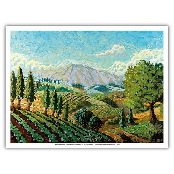 A Walk in the Vineyards - Tuscany Italy - Italian Vineyards Cypress Trees - From an Original Watercolor Painting by Robin Wethe Altman - Master Art Print (Unframed) 9in x 12in