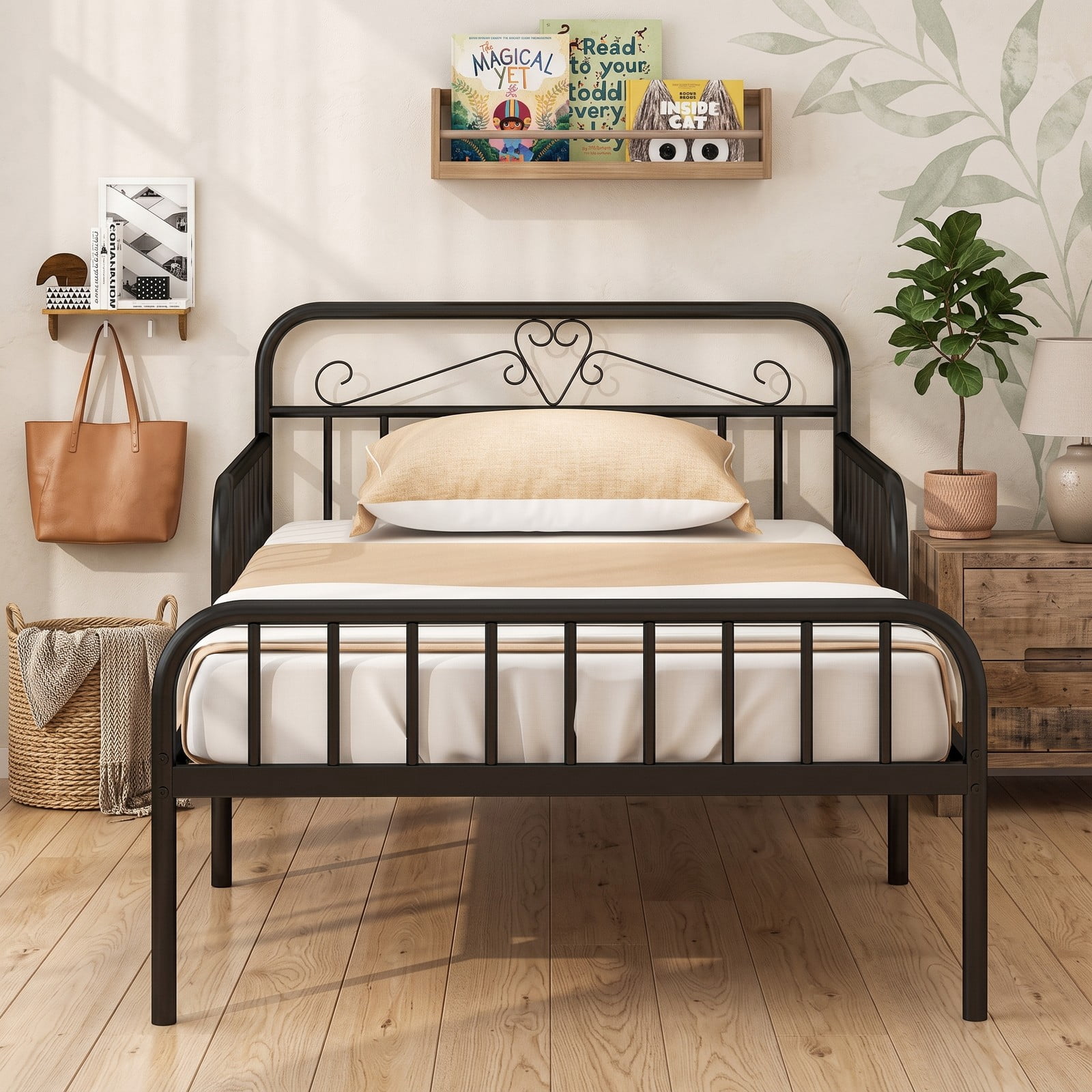 Furnibear Twin Size Metal Kids Bed Frame with Headboard and Safety Side Guardrails for a Boys and Girls Toddler Bedroom, Black