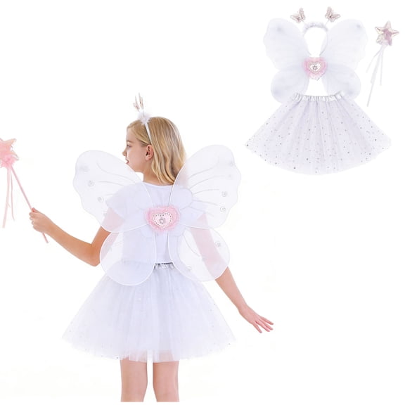 Kids Tutu Skirt Layered White Tutu Girls Sequin Skirt with Wings and Hairband Elastic Waist Princess Ballet Dance Dress Thanksgiving Tutu 3-10 Years